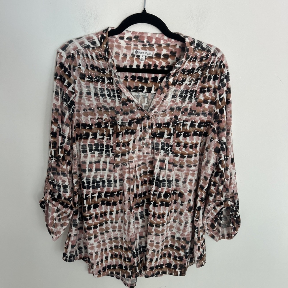 Kate Park‎ Women's L Rolled Up Sleeve V-Neck Button Up Pink Brown Studded Blouse